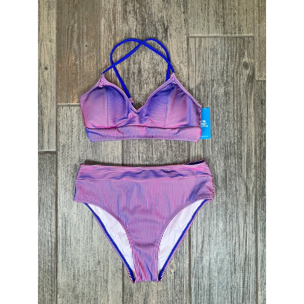 Cupshe Striped Bikini Swimsuit Set Purple‎ Pink Blue High Waisted Medium